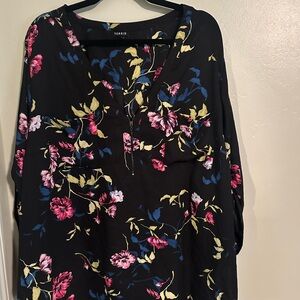 Torrid Black Blouse with Blue Pink and Yellow Floral Design